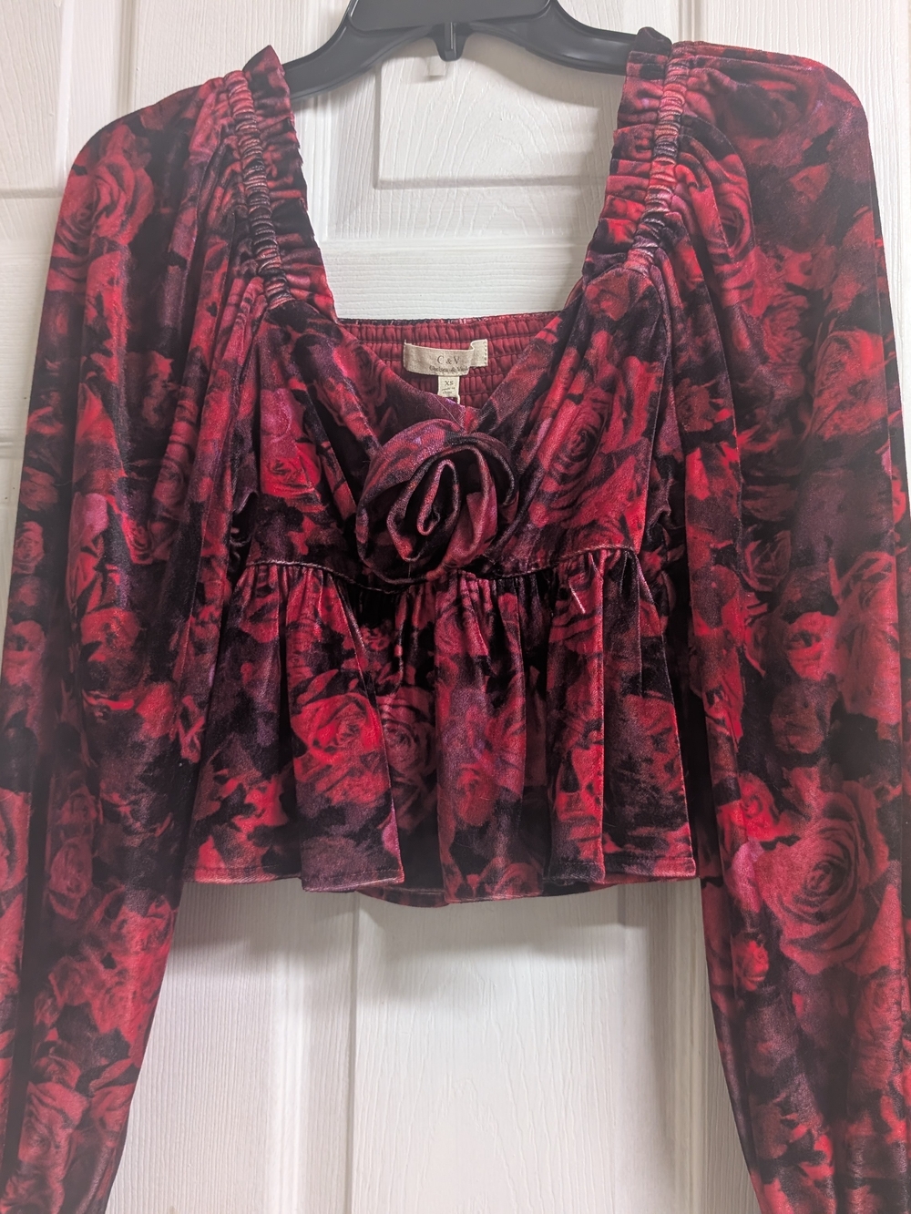 Cato Red and Black Velvet Rose Crop Top with Rosette